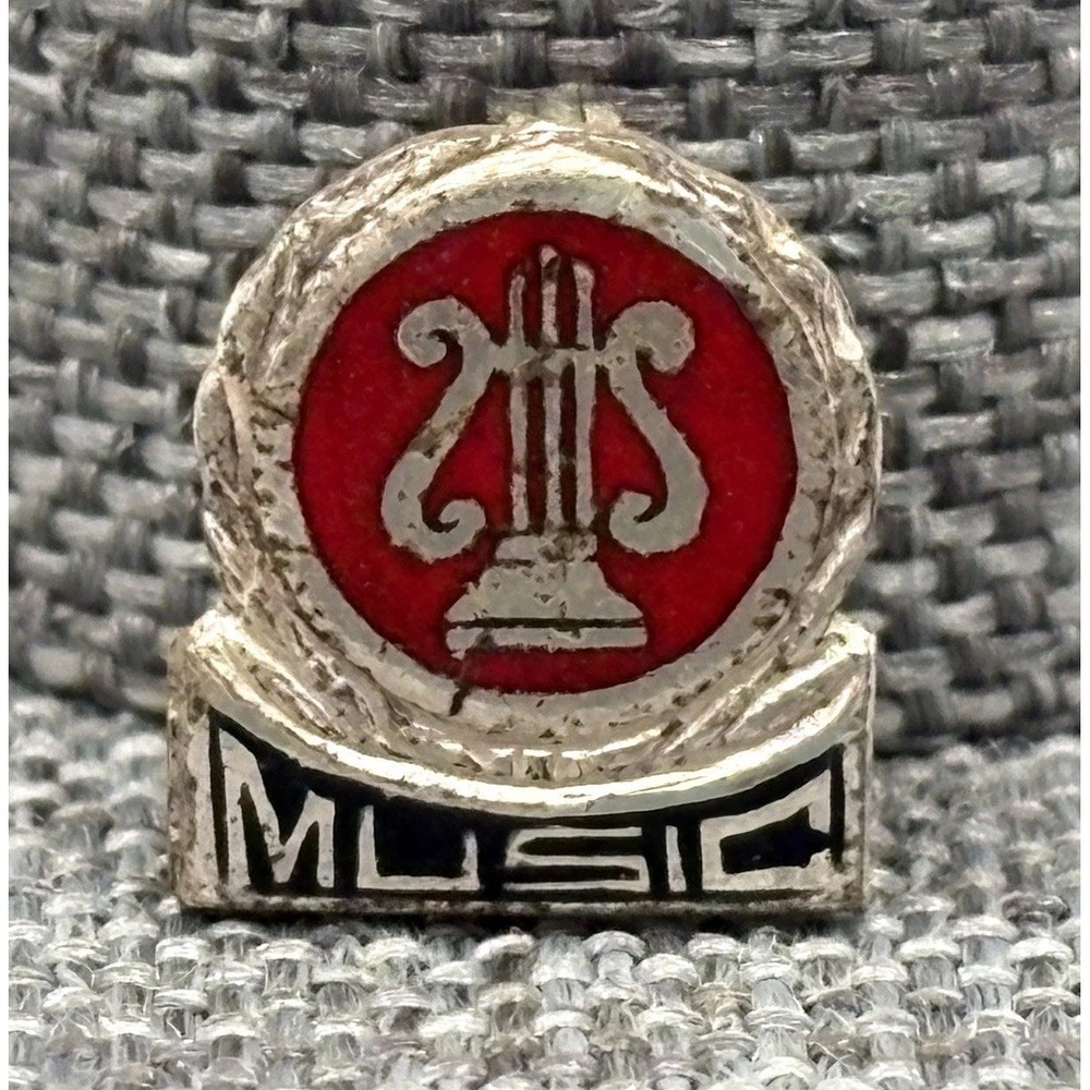 Vintage Art Deco Era Sterling Silver Music Lyre Small Brooch Red Enamel Pin